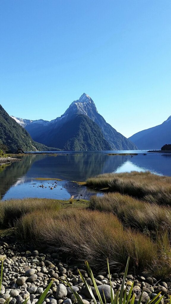 new zealand, milford sound, lake, mountains, fjord, mitre peak, sea, ocean, nature, fiordland national park