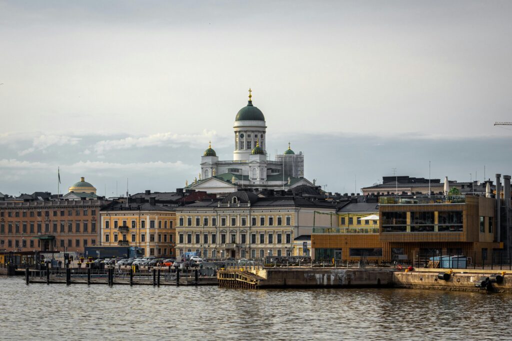 Beautiful view of Helsinki Cathedral and surrounding buildings by the waterfront in Helsinki, Finland.